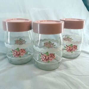 Vintage Carlton Glass USA 1L Canister Set 3 Pink Roses Lace Floral Jars Lids